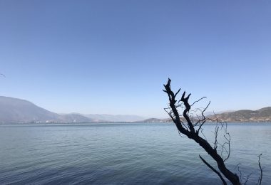 用户投稿：云南大理苍山脚下小型装饰风车与洱海蓝色湖面同框，春日阳光明媚，色彩清新